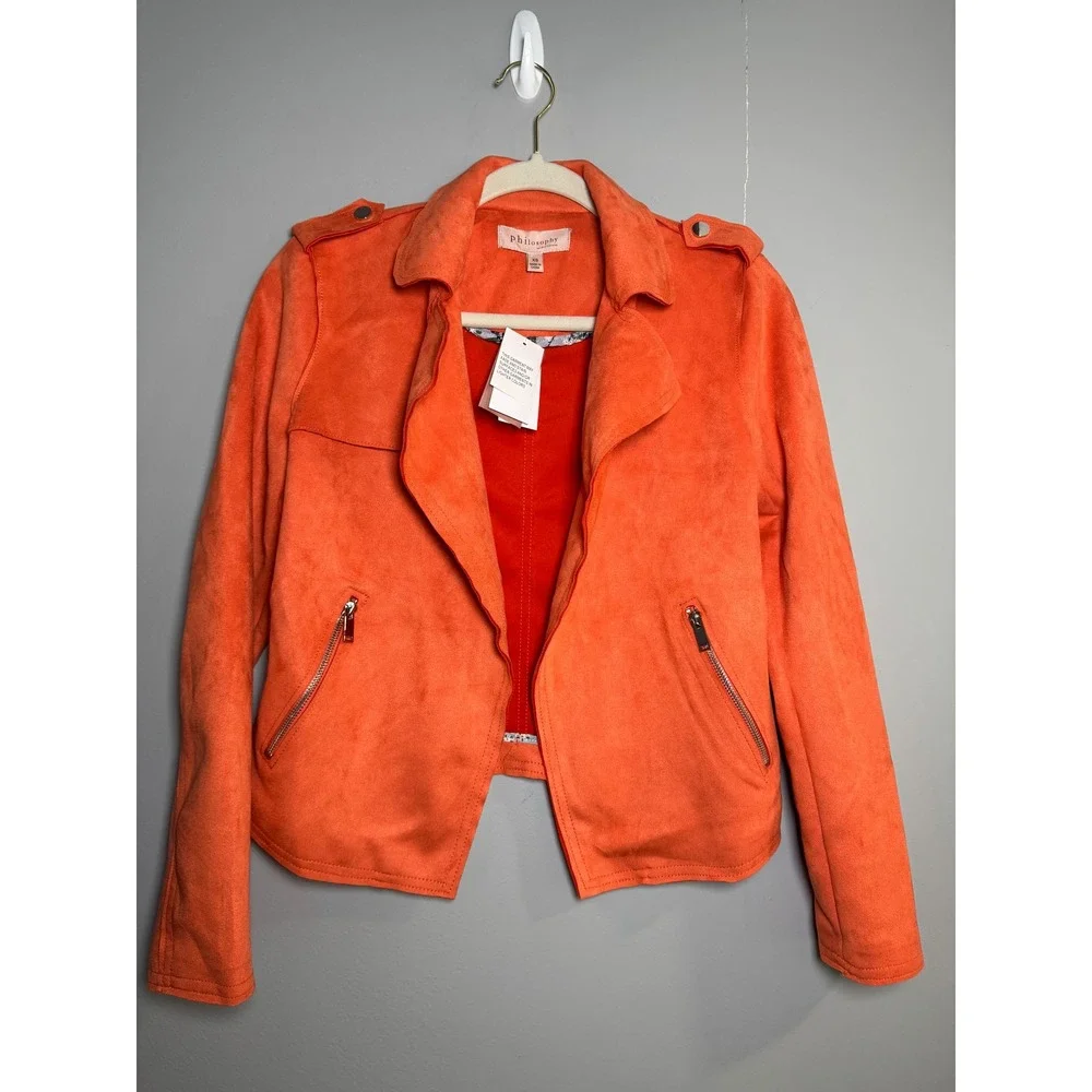 Philosophy Republic Clothing Orange‎ Faux Suede Moto Jacket Womens XS Cut Sewn